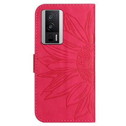 HT04 Wallet Flip Cover for Xiaomi Poco F5 Pro 5G / Redmi K60 5G / K60 Pro 5G , PU Leather Stand Sunflower Pattern Imprinted Phone Case with Shoulder Strap