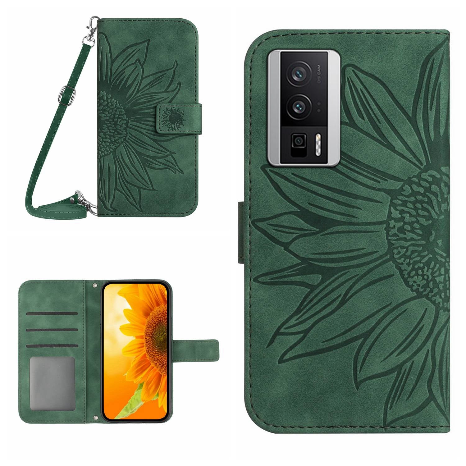 HT04 Wallet Flip Cover for Xiaomi Poco F5 Pro 5G / Redmi K60 5G / K60 Pro 5G , PU Leather Stand Sunflower Pattern Imprinted Phone Case with Shoulder Strap