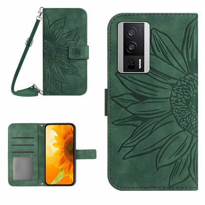 HT04 Wallet Flip Cover for Xiaomi Poco F5 Pro 5G / Redmi K60 5G / K60 Pro 5G , PU Leather Stand Sunflower Pattern Imprinted Phone Case with Shoulder Strap