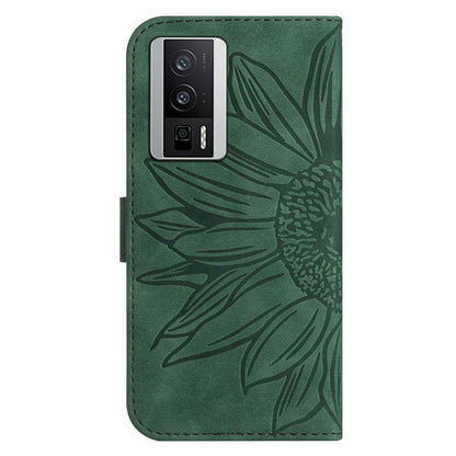 HT04 Wallet Flip Cover for Xiaomi Poco F5 Pro 5G / Redmi K60 5G / K60 Pro 5G , PU Leather Stand Sunflower Pattern Imprinted Phone Case with Shoulder Strap