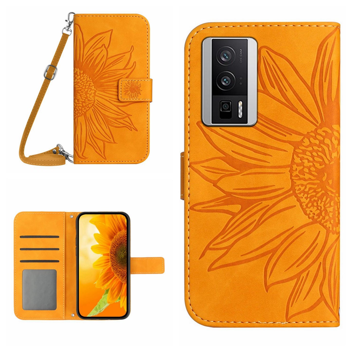 HT04 Wallet Flip Cover for Xiaomi Poco F5 Pro 5G / Redmi K60 5G / K60 Pro 5G , PU Leather Stand Sunflower Pattern Imprinted Phone Case with Shoulder Strap