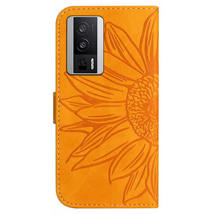 HT04 Wallet Flip Cover for Xiaomi Poco F5 Pro 5G / Redmi K60 5G / K60 Pro 5G , PU Leather Stand Sunflower Pattern Imprinted Phone Case with Shoulder Strap