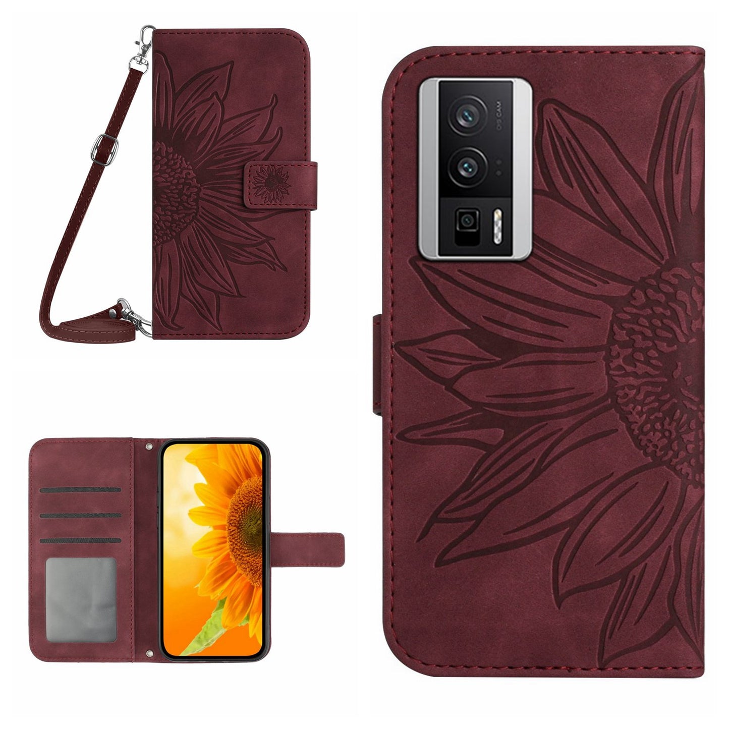 HT04 Wallet Flip Cover for Xiaomi Poco F5 Pro 5G / Redmi K60 5G / K60 Pro 5G , PU Leather Stand Sunflower Pattern Imprinted Phone Case with Shoulder Strap