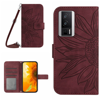 HT04 Wallet Flip Cover for Xiaomi Poco F5 Pro 5G / Redmi K60 5G / K60 Pro 5G , PU Leather Stand Sunflower Pattern Imprinted Phone Case with Shoulder Strap
