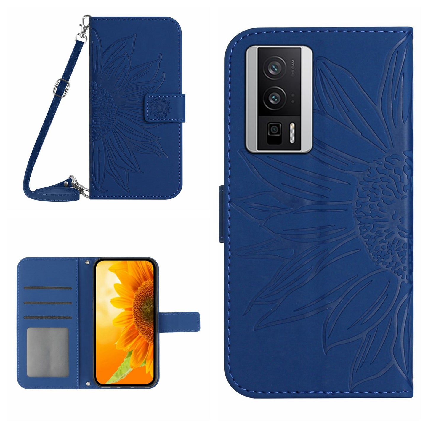 HT04 Wallet Flip Cover for Xiaomi Poco F5 Pro 5G / Redmi K60 5G / K60 Pro 5G , PU Leather Stand Sunflower Pattern Imprinted Phone Case with Shoulder Strap