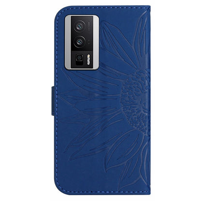 HT04 Wallet Flip Cover for Xiaomi Poco F5 Pro 5G / Redmi K60 5G / K60 Pro 5G , PU Leather Stand Sunflower Pattern Imprinted Phone Case with Shoulder Strap