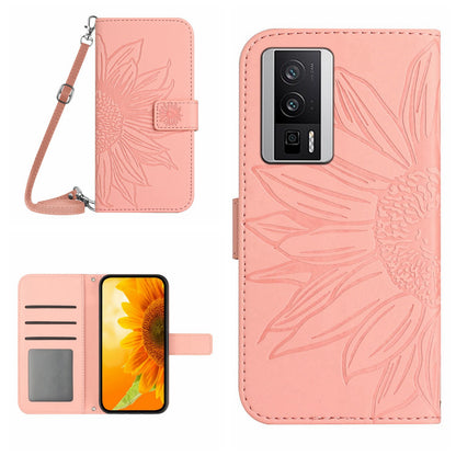 HT04 Wallet Flip Cover for Xiaomi Poco F5 Pro 5G / Redmi K60 5G / K60 Pro 5G , PU Leather Stand Sunflower Pattern Imprinted Phone Case with Shoulder Strap