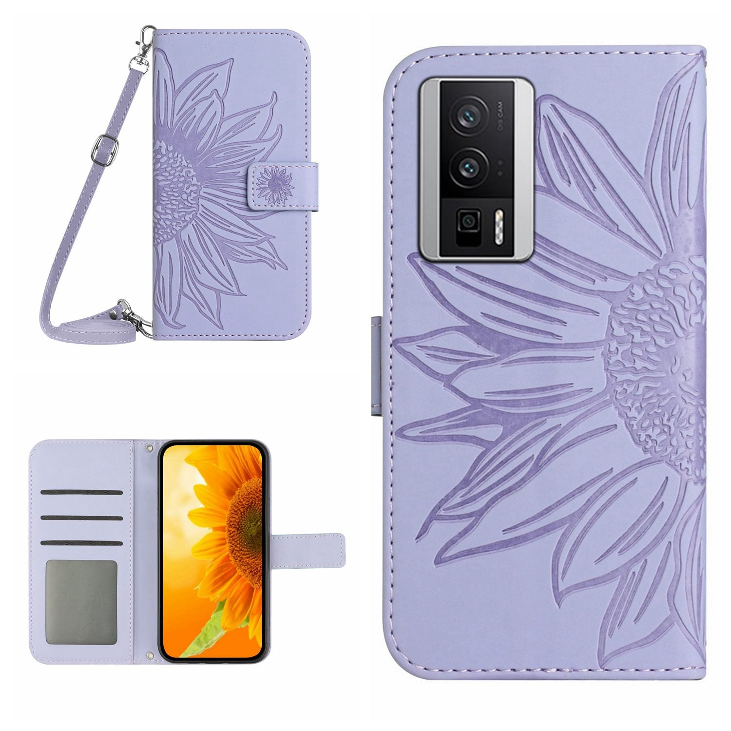 HT04 Wallet Flip Cover for Xiaomi Poco F5 Pro 5G / Redmi K60 5G / K60 Pro 5G , PU Leather Stand Sunflower Pattern Imprinted Phone Case with Shoulder Strap