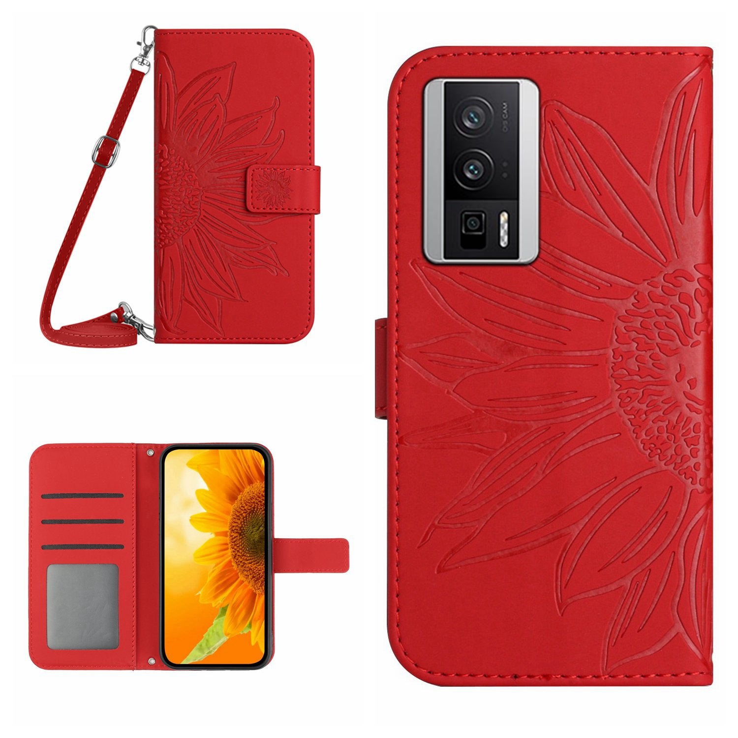 HT04 Wallet Flip Cover for Xiaomi Poco F5 Pro 5G / Redmi K60 5G / K60 Pro 5G , PU Leather Stand Sunflower Pattern Imprinted Phone Case with Shoulder Strap