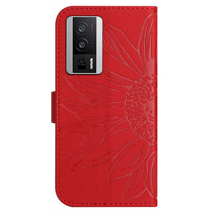 HT04 Wallet Flip Cover for Xiaomi Poco F5 Pro 5G / Redmi K60 5G / K60 Pro 5G , PU Leather Stand Sunflower Pattern Imprinted Phone Case with Shoulder Strap