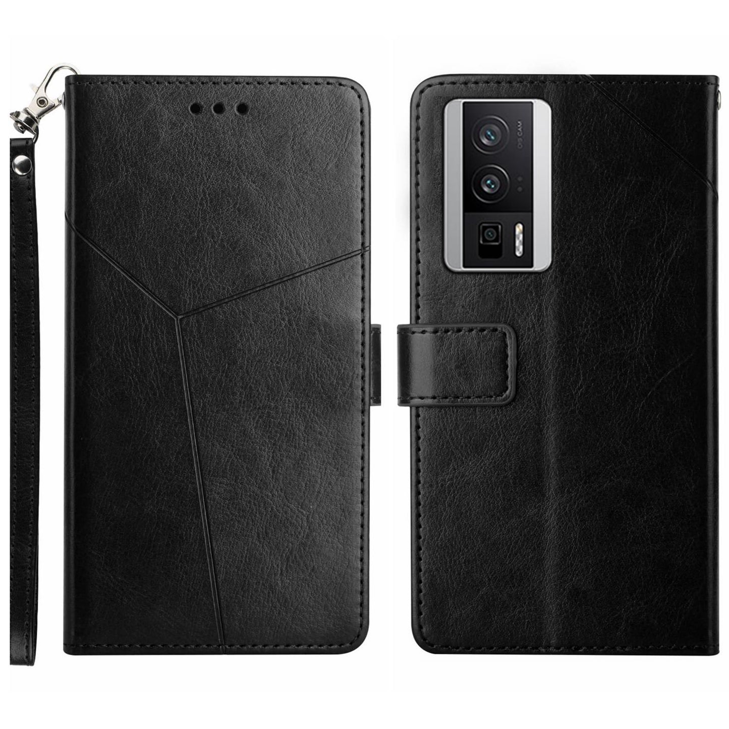 HT01 PU Leather Case for Xiaomi Poco F5 Pro 5G / Redmi K60 5G / K60 Pro 5G , Stand Wallet Y-shaped Line Imprinting Phone Cover