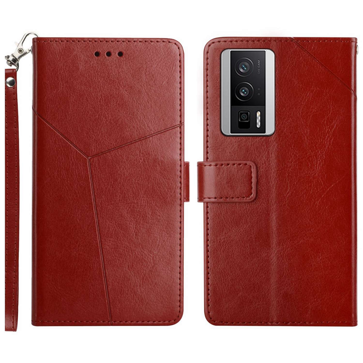 HT01 PU Leather Case for Xiaomi Poco F5 Pro 5G / Redmi K60 5G / K60 Pro 5G , Stand Wallet Y-shaped Line Imprinting Phone Cover