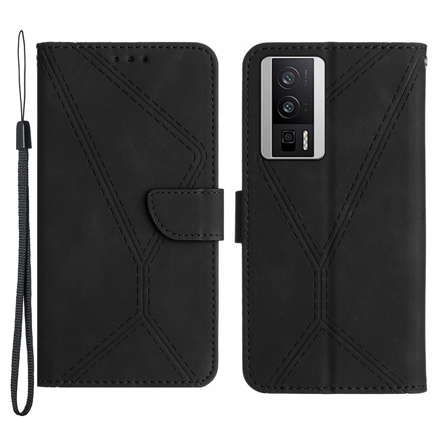 HT05 PU Leather Cover for Xiaomi Poco F5 Pro 5G / Redmi K60 5G / K60 Pro 5G , Imprinted Line Stand Flip Wallet Phone Case