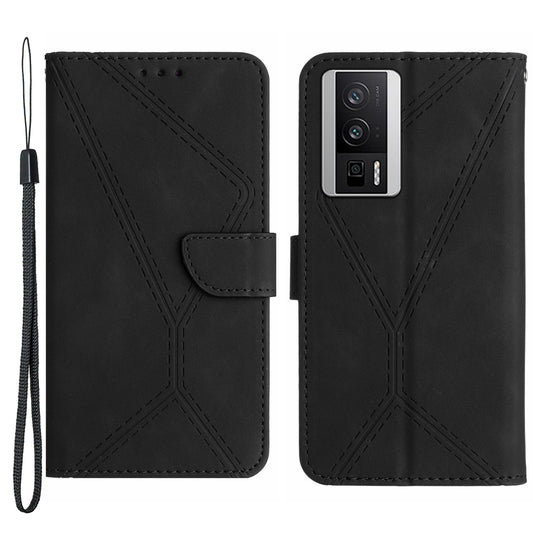HT05 PU Leather Cover for Xiaomi Poco F5 Pro 5G / Redmi K60 5G / K60 Pro 5G , Imprinted Line Stand Flip Wallet Phone Case