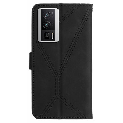 HT05 PU Leather Cover for Xiaomi Poco F5 Pro 5G / Redmi K60 5G / K60 Pro 5G , Imprinted Line Stand Flip Wallet Phone Case