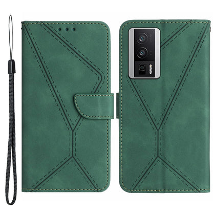 HT05 PU Leather Cover for Xiaomi Poco F5 Pro 5G / Redmi K60 5G / K60 Pro 5G , Imprinted Line Stand Flip Wallet Phone Case