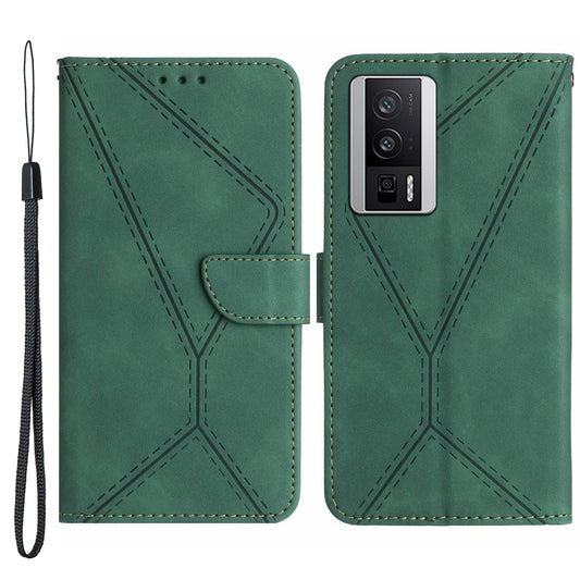 HT05 PU Leather Cover for Xiaomi Poco F5 Pro 5G / Redmi K60 5G / K60 Pro 5G , Imprinted Line Stand Flip Wallet Phone Case