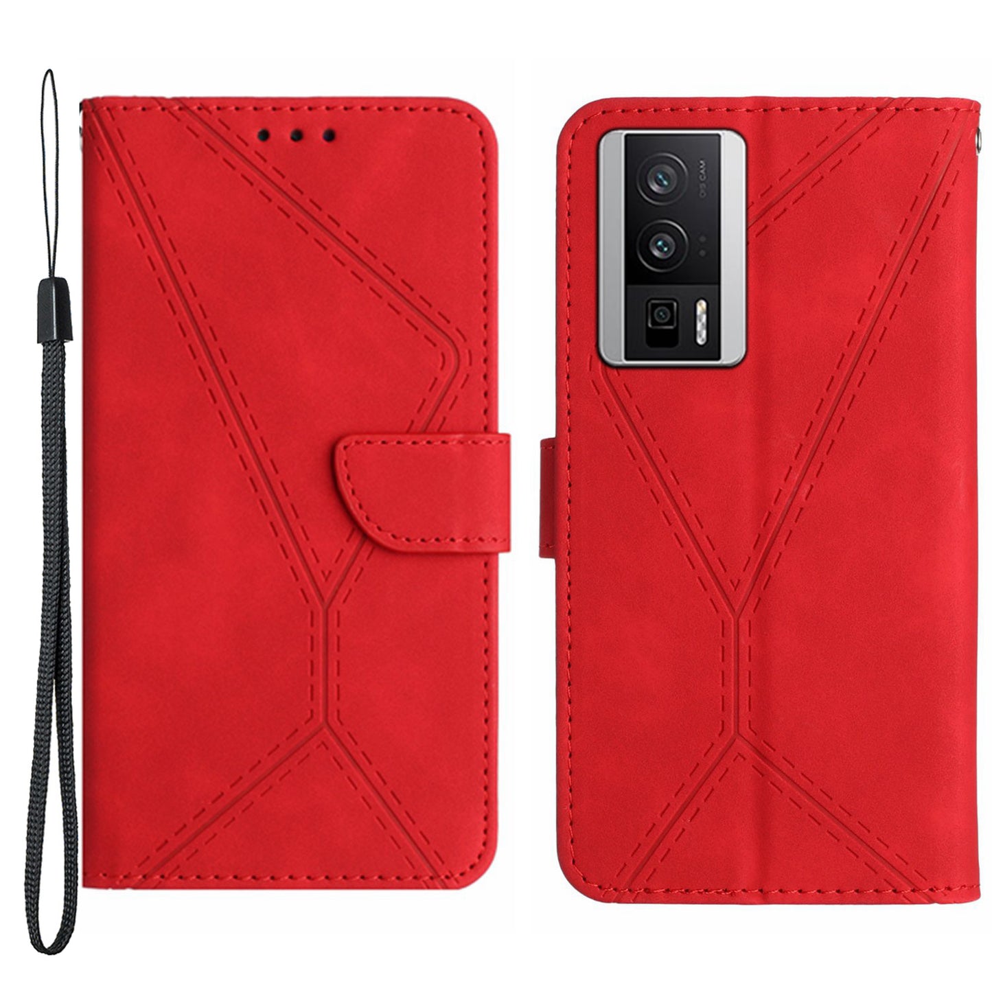 HT05 PU Leather Cover for Xiaomi Poco F5 Pro 5G / Redmi K60 5G / K60 Pro 5G , Imprinted Line Stand Flip Wallet Phone Case