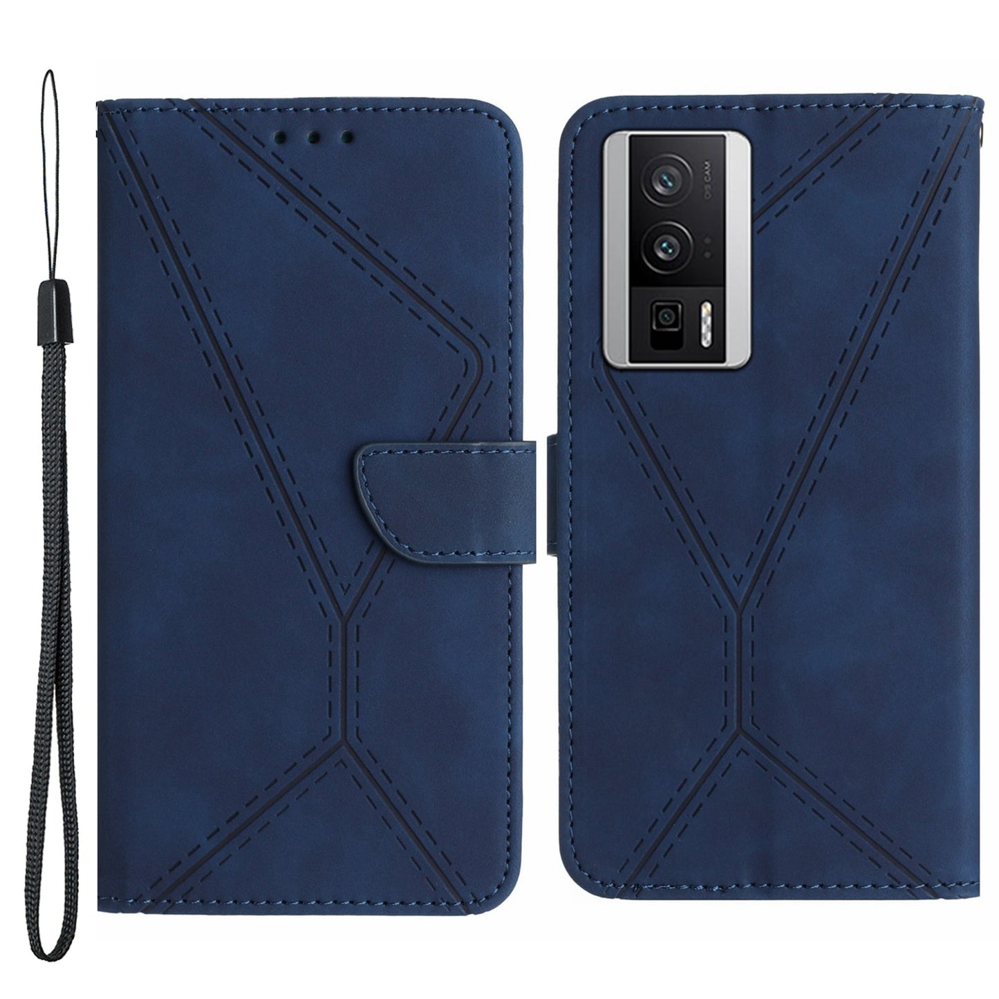 HT05 PU Leather Cover for Xiaomi Poco F5 Pro 5G / Redmi K60 5G / K60 Pro 5G , Imprinted Line Stand Flip Wallet Phone Case