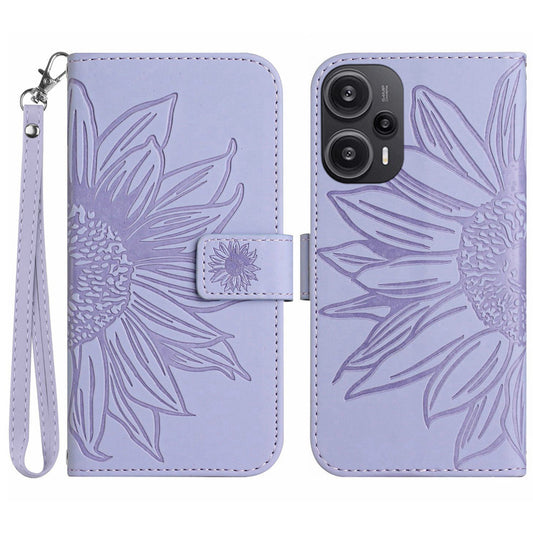 HT04 Wallet Phone Case for Xiaomi Poco F5 5G / Redmi Note 12 Turbo , PU Leather Sunflower Pattern Stand Cover with Hand Strap