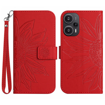 HT04 Wallet Phone Case for Xiaomi Poco F5 5G / Redmi Note 12 Turbo , PU Leather Sunflower Pattern Stand Cover with Hand Strap