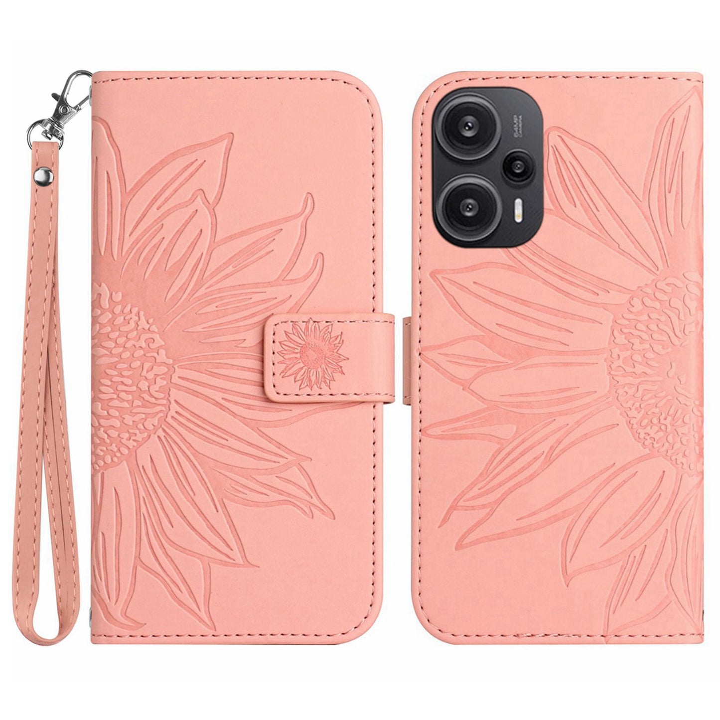 HT04 Wallet Phone Case for Xiaomi Poco F5 5G / Redmi Note 12 Turbo , PU Leather Sunflower Pattern Stand Cover with Hand Strap