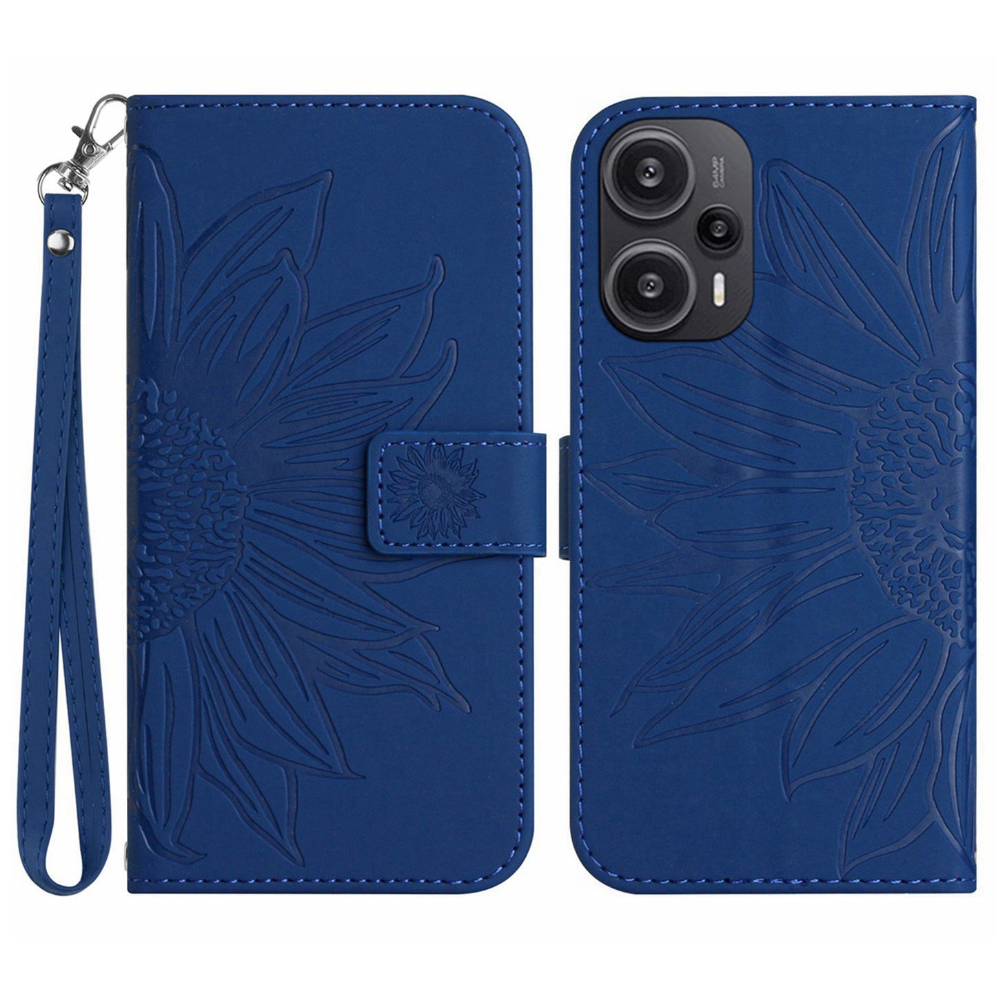 HT04 Wallet Phone Case for Xiaomi Poco F5 5G / Redmi Note 12 Turbo , PU Leather Sunflower Pattern Stand Cover with Hand Strap