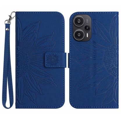 HT04 Wallet Phone Case for Xiaomi Poco F5 5G / Redmi Note 12 Turbo , PU Leather Sunflower Pattern Stand Cover with Hand Strap