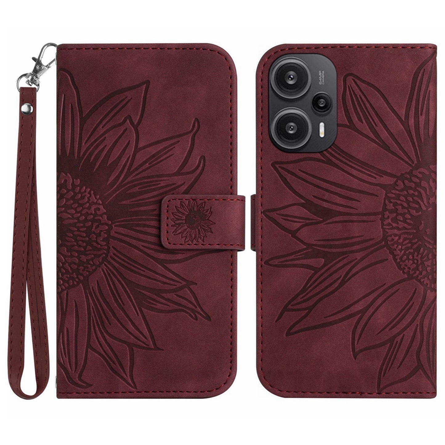HT04 Wallet Phone Case for Xiaomi Poco F5 5G / Redmi Note 12 Turbo , PU Leather Sunflower Pattern Stand Cover with Hand Strap