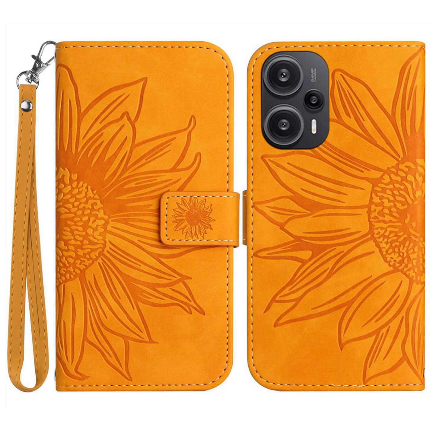 HT04 Wallet Phone Case for Xiaomi Poco F5 5G / Redmi Note 12 Turbo , PU Leather Sunflower Pattern Stand Cover with Hand Strap