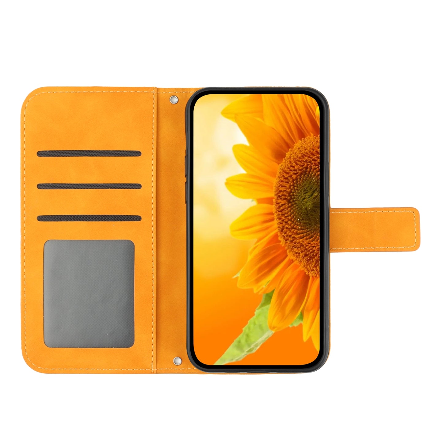 HT04 Wallet Phone Case for Xiaomi Poco F5 5G / Redmi Note 12 Turbo , PU Leather Sunflower Pattern Stand Cover with Hand Strap