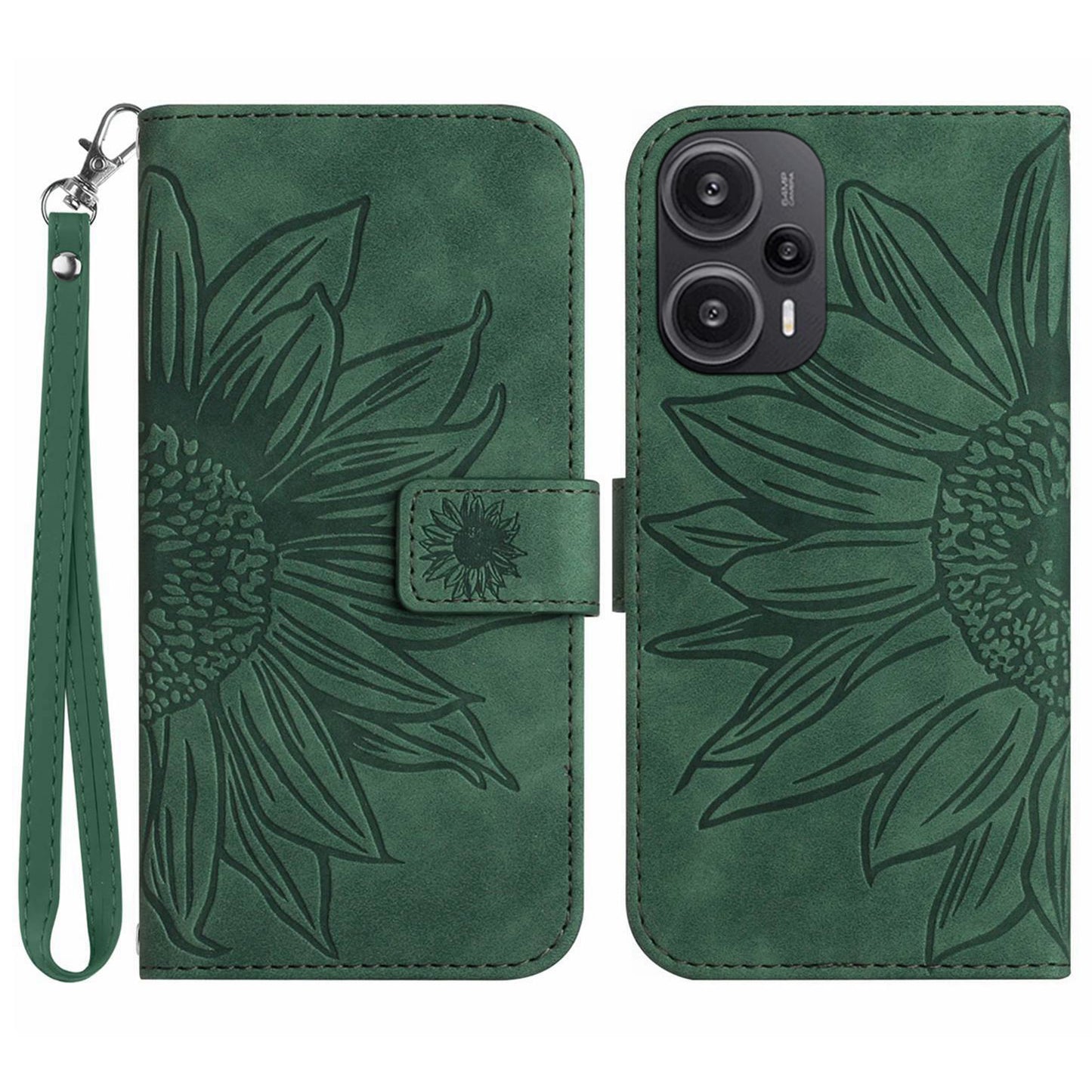 HT04 Wallet Phone Case for Xiaomi Poco F5 5G / Redmi Note 12 Turbo , PU Leather Sunflower Pattern Stand Cover with Hand Strap