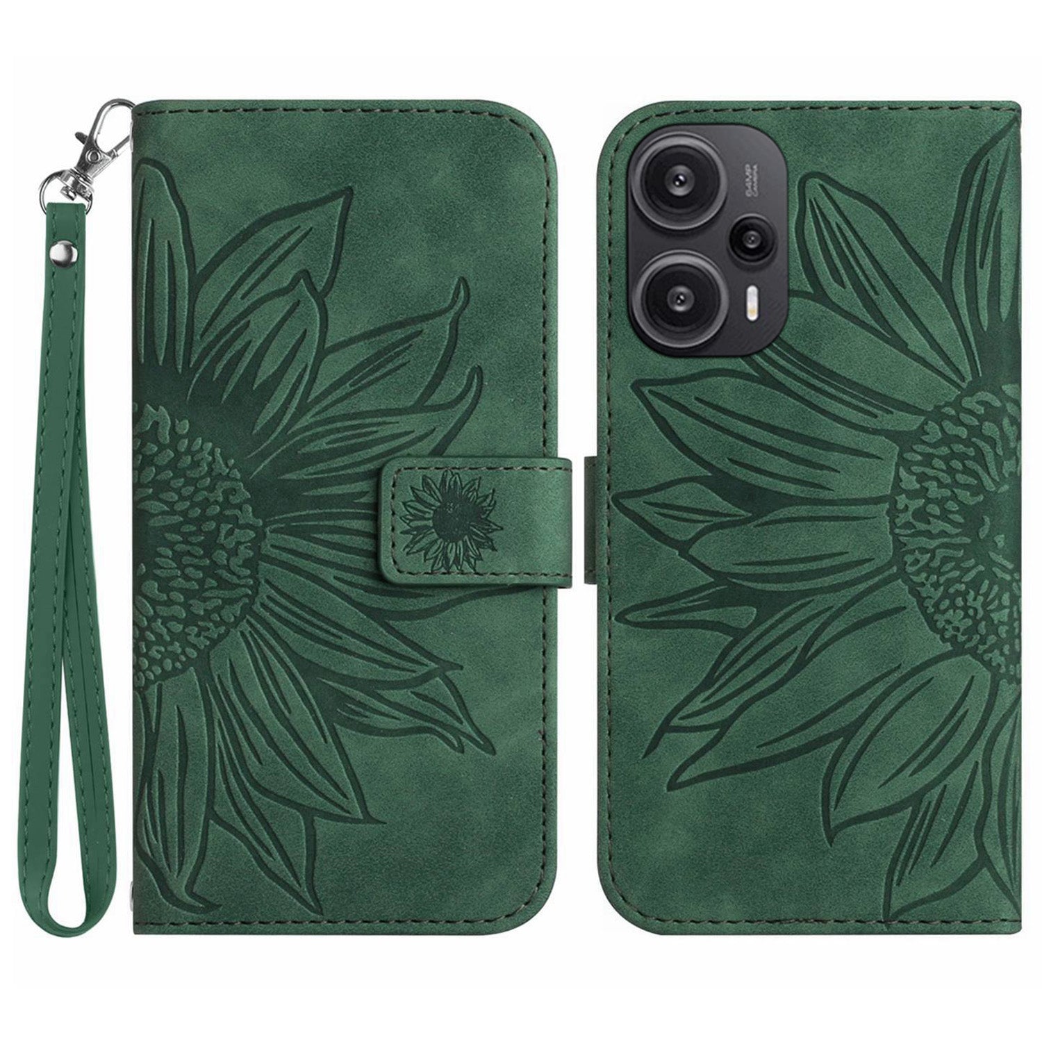 HT04 Wallet Phone Case for Xiaomi Poco F5 5G / Redmi Note 12 Turbo , PU Leather Sunflower Pattern Stand Cover with Hand Strap
