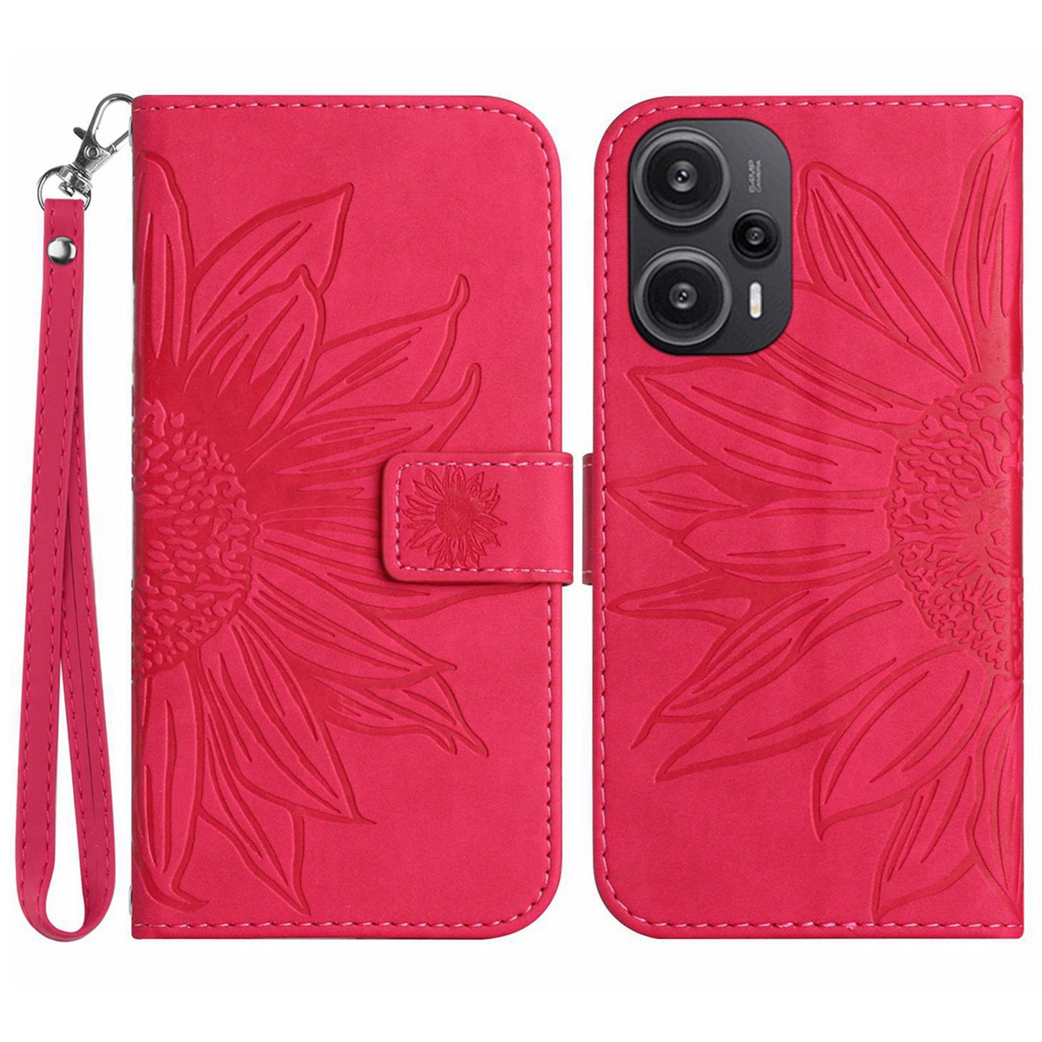 HT04 Wallet Phone Case for Xiaomi Poco F5 5G / Redmi Note 12 Turbo , PU Leather Sunflower Pattern Stand Cover with Hand Strap