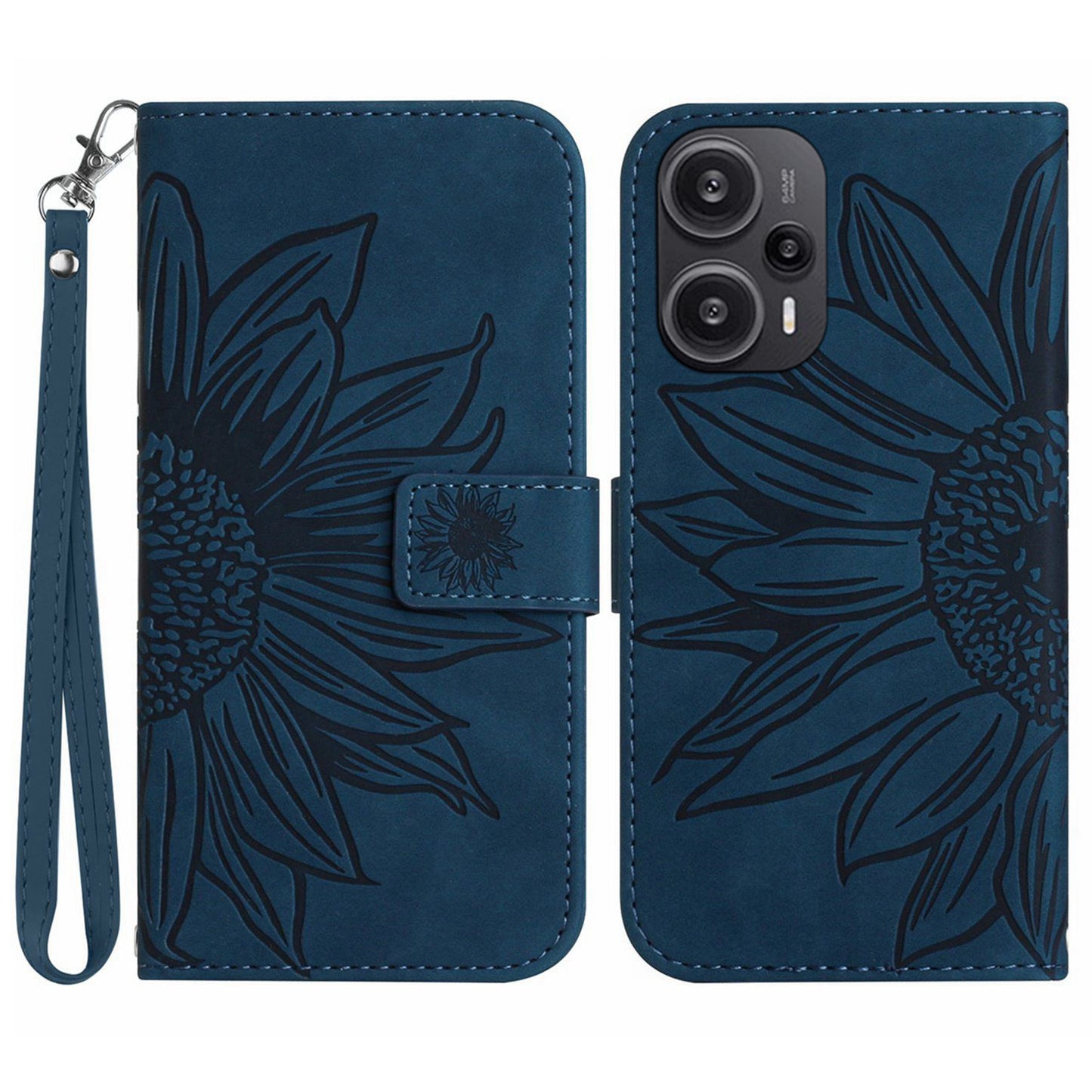 HT04 Wallet Phone Case for Xiaomi Poco F5 5G / Redmi Note 12 Turbo , PU Leather Sunflower Pattern Stand Cover with Hand Strap