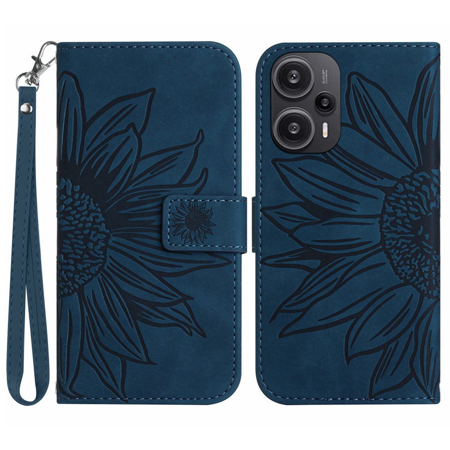 HT04 Wallet Phone Case for Xiaomi Poco F5 5G / Redmi Note 12 Turbo , PU Leather Sunflower Pattern Stand Cover with Hand Strap