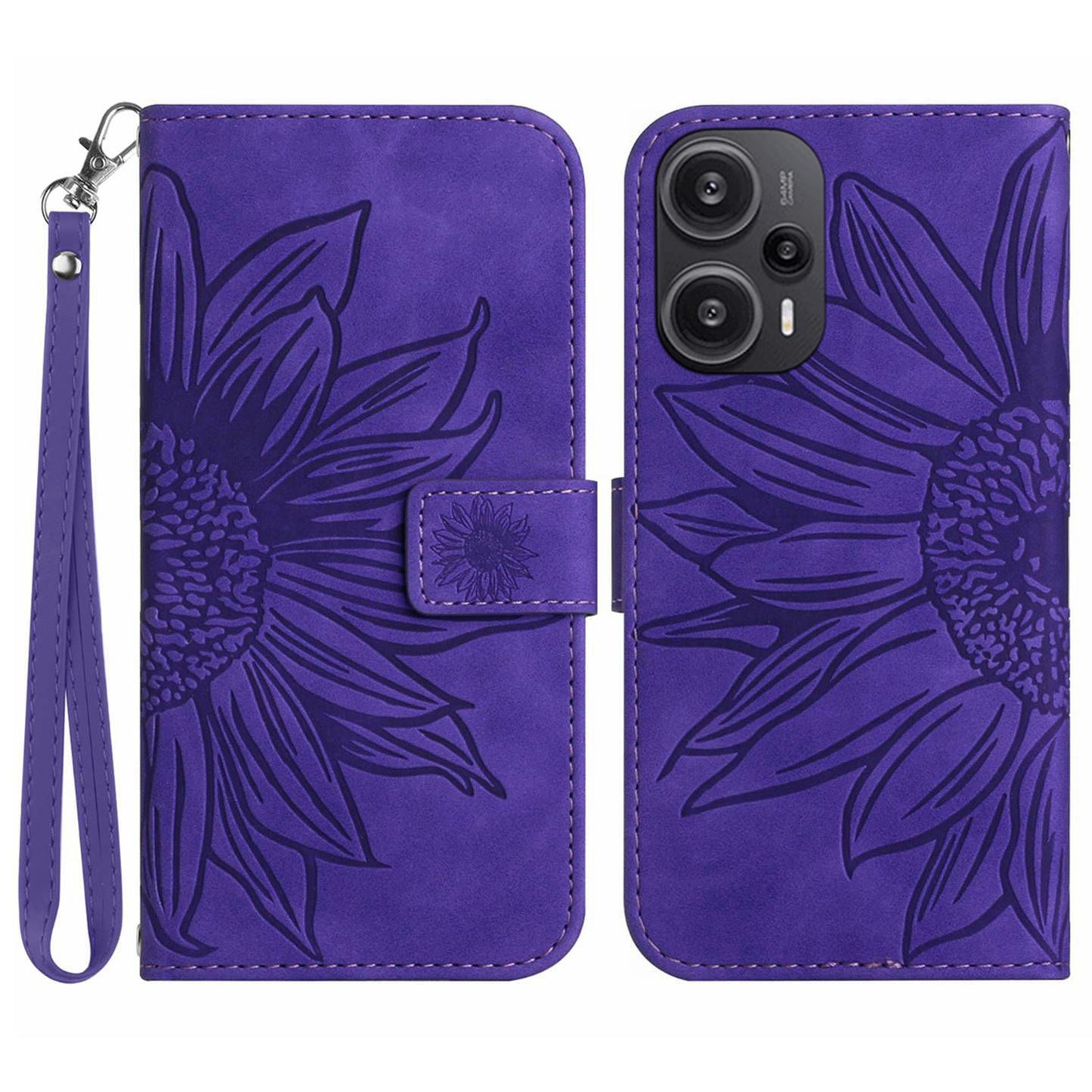 HT04 Wallet Phone Case for Xiaomi Poco F5 5G / Redmi Note 12 Turbo , PU Leather Sunflower Pattern Stand Cover with Hand Strap