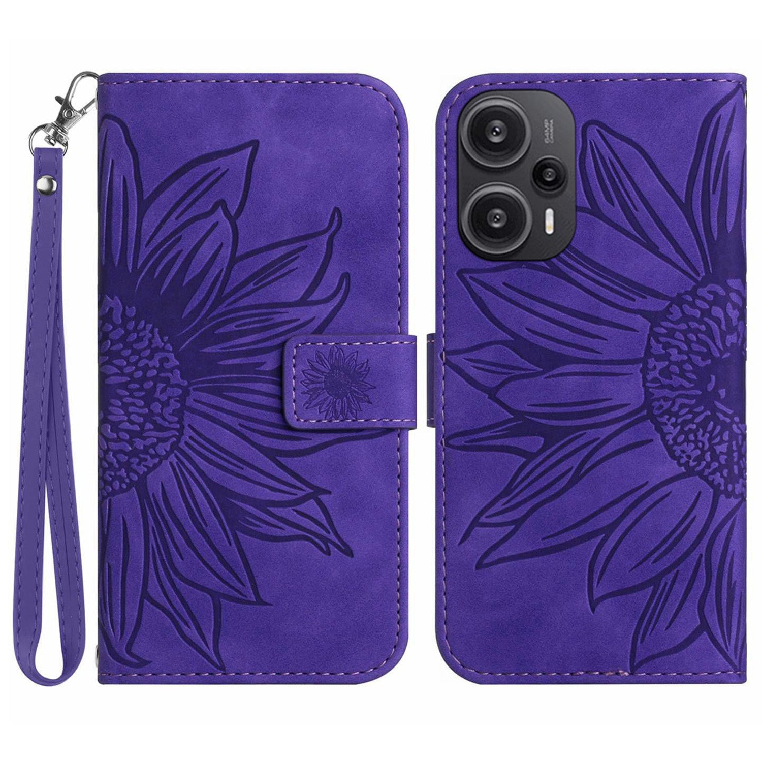HT04 Wallet Phone Case for Xiaomi Poco F5 5G / Redmi Note 12 Turbo , PU Leather Sunflower Pattern Stand Cover with Hand Strap