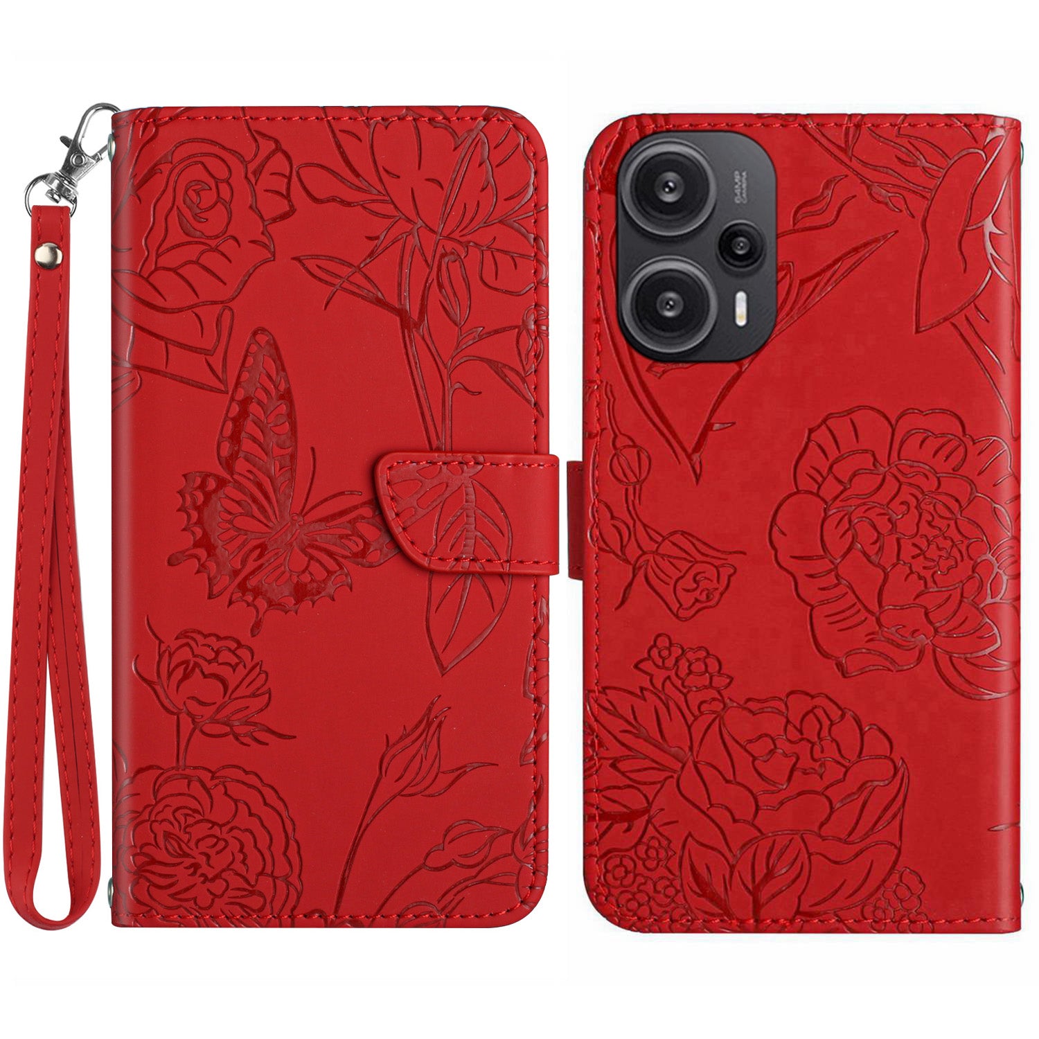HT03 Leather Case for Xiaomi Poco F5 5G / Redmi Note 12 Turbo , Butterfly Flowers Imprinted Stand Wallet Phone Cover with Wrist Strap