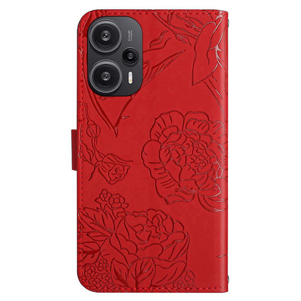 HT03 Leather Case for Xiaomi Poco F5 5G / Redmi Note 12 Turbo , Butterfly Flowers Imprinted Stand Wallet Phone Cover with Wrist Strap