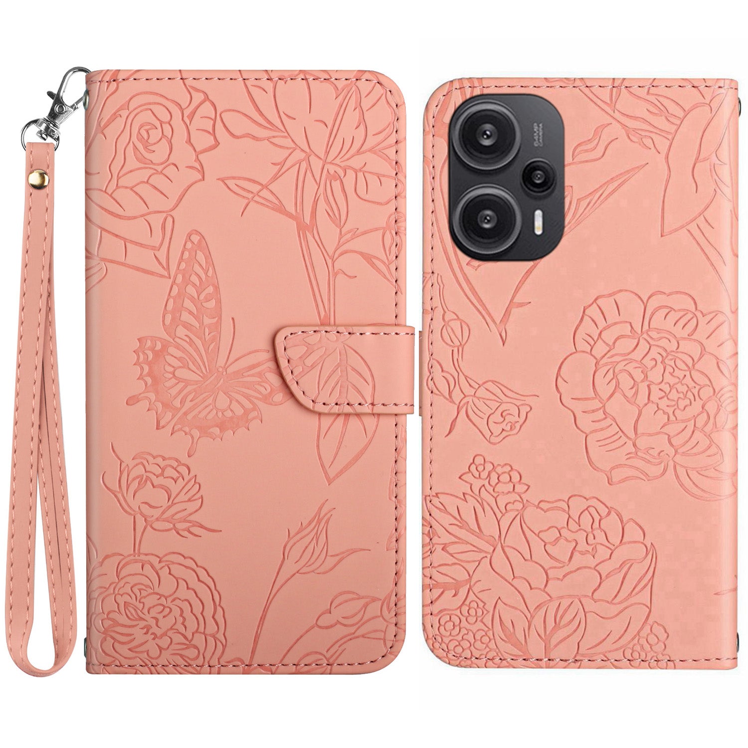 HT03 Leather Case for Xiaomi Poco F5 5G / Redmi Note 12 Turbo , Butterfly Flowers Imprinted Stand Wallet Phone Cover with Wrist Strap