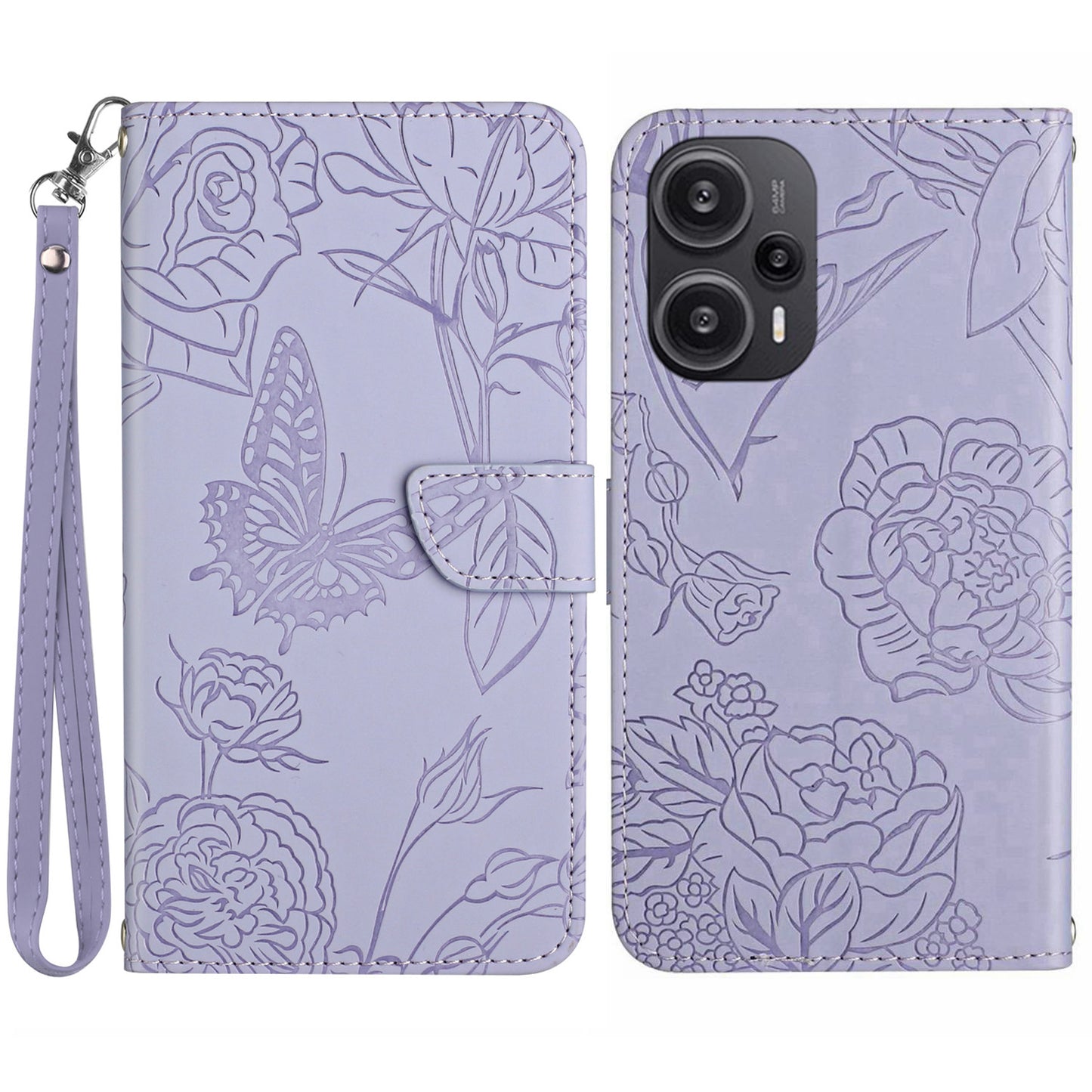 HT03 Leather Case for Xiaomi Poco F5 5G / Redmi Note 12 Turbo , Butterfly Flowers Imprinted Stand Wallet Phone Cover with Wrist Strap