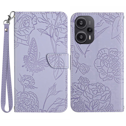 HT03 Leather Case for Xiaomi Poco F5 5G / Redmi Note 12 Turbo , Butterfly Flowers Imprinted Stand Wallet Phone Cover with Wrist Strap