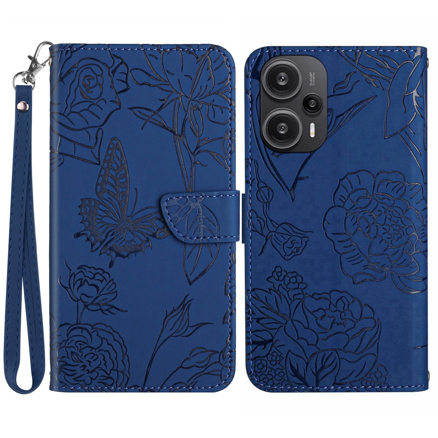 HT03 Leather Case for Xiaomi Poco F5 5G / Redmi Note 12 Turbo , Butterfly Flowers Imprinted Stand Wallet Phone Cover with Wrist Strap