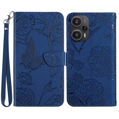 HT03 Leather Case for Xiaomi Poco F5 5G / Redmi Note 12 Turbo , Butterfly Flowers Imprinted Stand Wallet Phone Cover with Wrist Strap