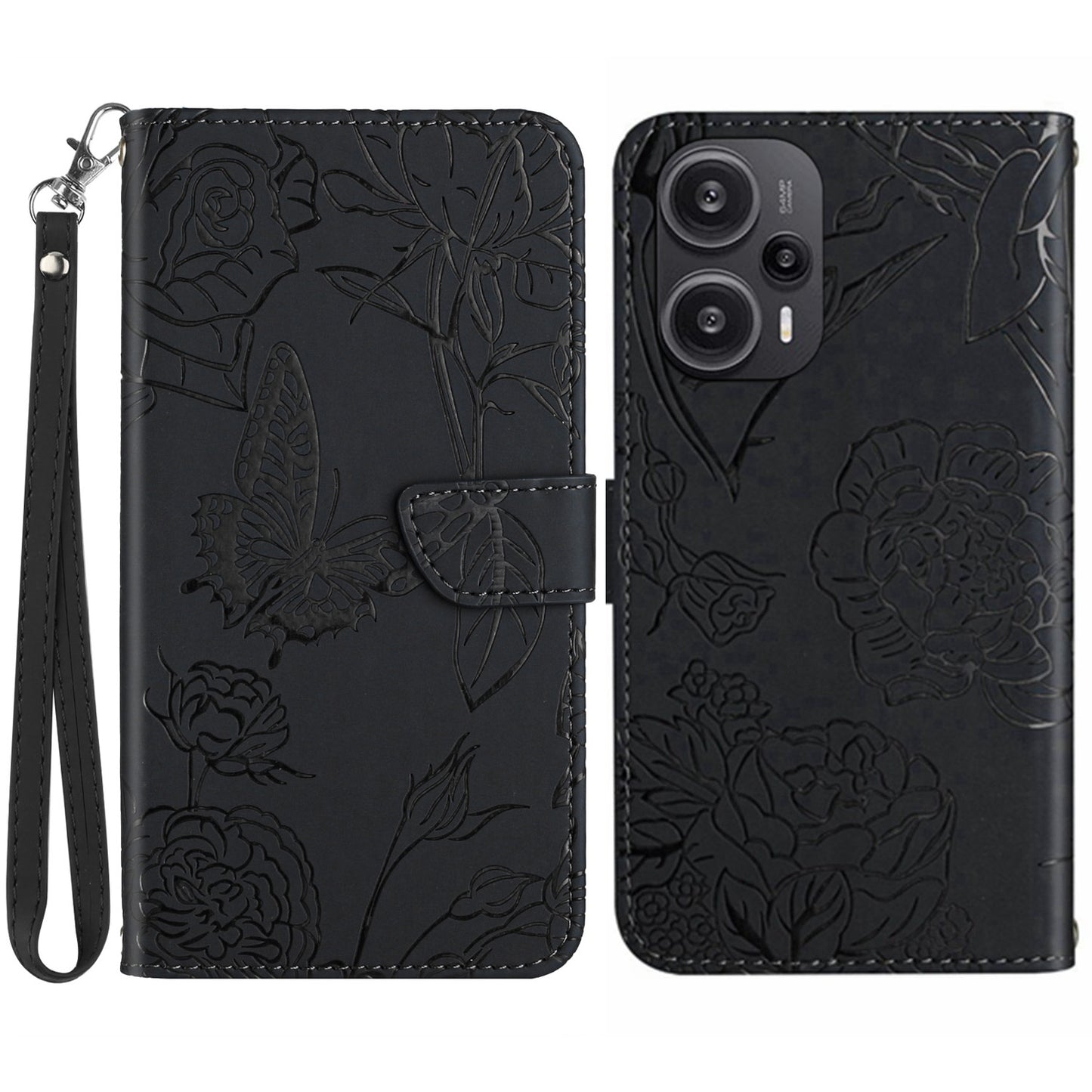HT03 Leather Case for Xiaomi Poco F5 5G / Redmi Note 12 Turbo , Butterfly Flowers Imprinted Stand Wallet Phone Cover with Wrist Strap