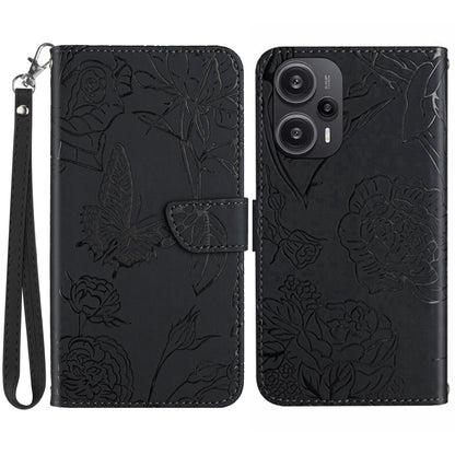 HT03 Leather Case for Xiaomi Poco F5 5G / Redmi Note 12 Turbo , Butterfly Flowers Imprinted Stand Wallet Phone Cover with Wrist Strap