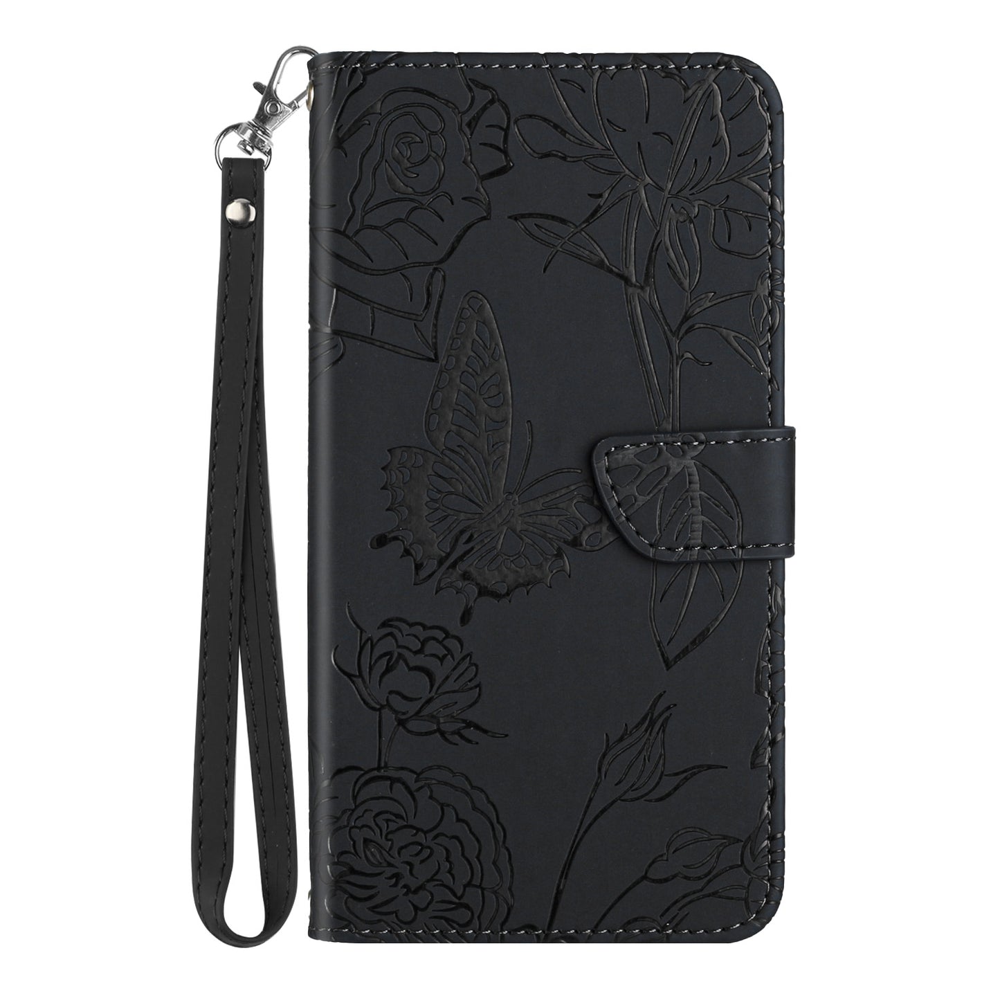 HT03 Leather Case for Xiaomi Poco F5 5G / Redmi Note 12 Turbo , Butterfly Flowers Imprinted Stand Wallet Phone Cover with Wrist Strap