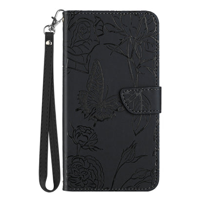HT03 Leather Case for Xiaomi Poco F5 5G / Redmi Note 12 Turbo , Butterfly Flowers Imprinted Stand Wallet Phone Cover with Wrist Strap