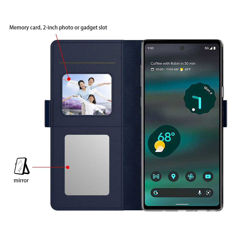 For Google Pixel 7a Phone Stand Case Card Holder Leather Phone Cover with Mirror Design